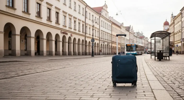 Walizka na chodniku w centrum Rzeszowa, w tle kamienice przy Rynku i autobus miejski