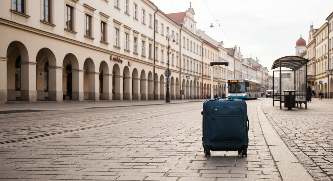Walizka na chodniku w centrum Rzeszowa, w tle kamienice przy Rynku i autobus miejski