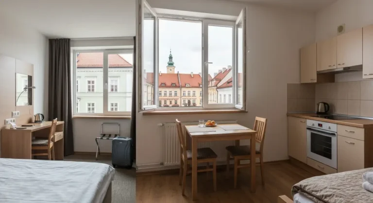 Porownanie pokoju hotelowego i apartamentu z aneksem kuchennym, w oknie kamienice rzeszowskiego Rynku