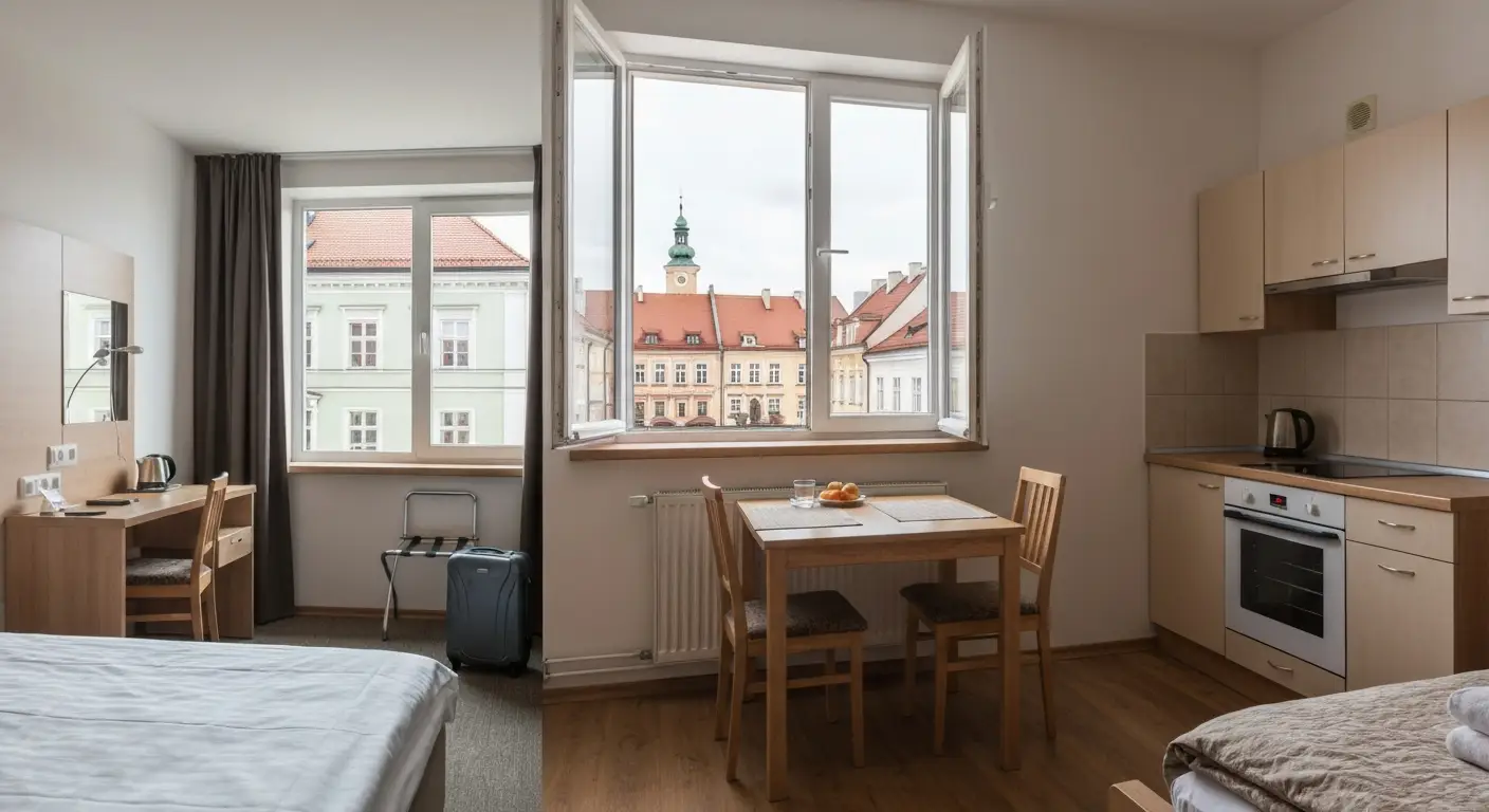 Porownanie pokoju hotelowego i apartamentu z aneksem kuchennym, w oknie kamienice rzeszowskiego Rynku