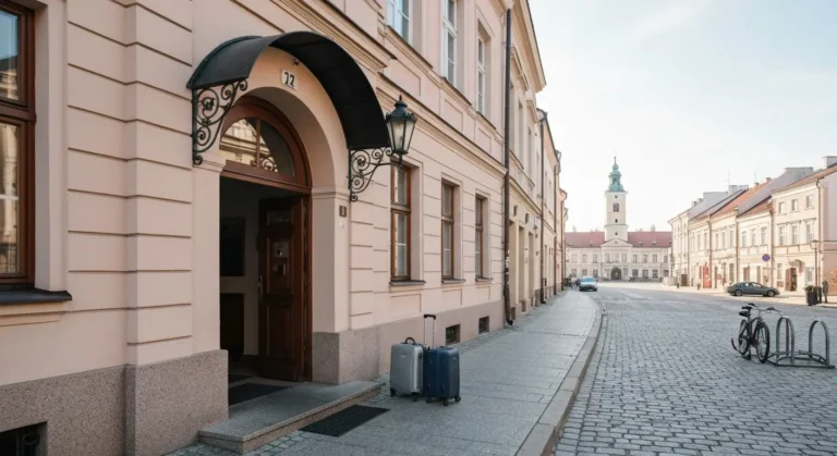 Wejscie do hotelu w kamienicy w centrum Rzeszowa, walizki na bruku, w tle rzeszowski Rynek