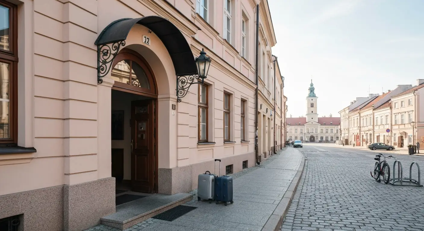Wejscie do hotelu w kamienicy w centrum Rzeszowa, walizki na bruku, w tle rzeszowski Rynek
