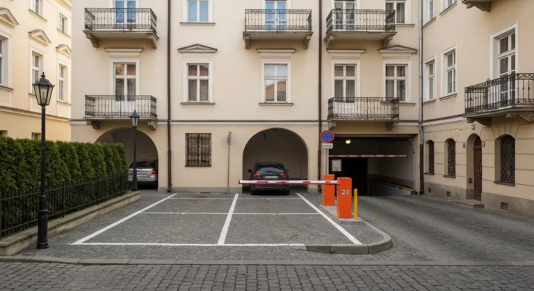 Parking hotelowy z szlabanem i zjazdem do garazu przy kamienicy w centrum Rzeszowa