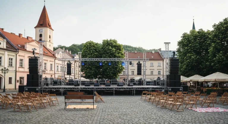 Scena plenerowa z naglosnieniem i lezakami na rzeszowskim rynku przed koncertem pod golym niebem
