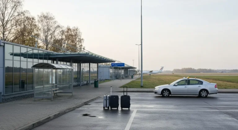 Terminal lotniska Rzeszow-Jasionka od strony podjazdu, przystanek autobusowy, taksowka i walizki o poranku