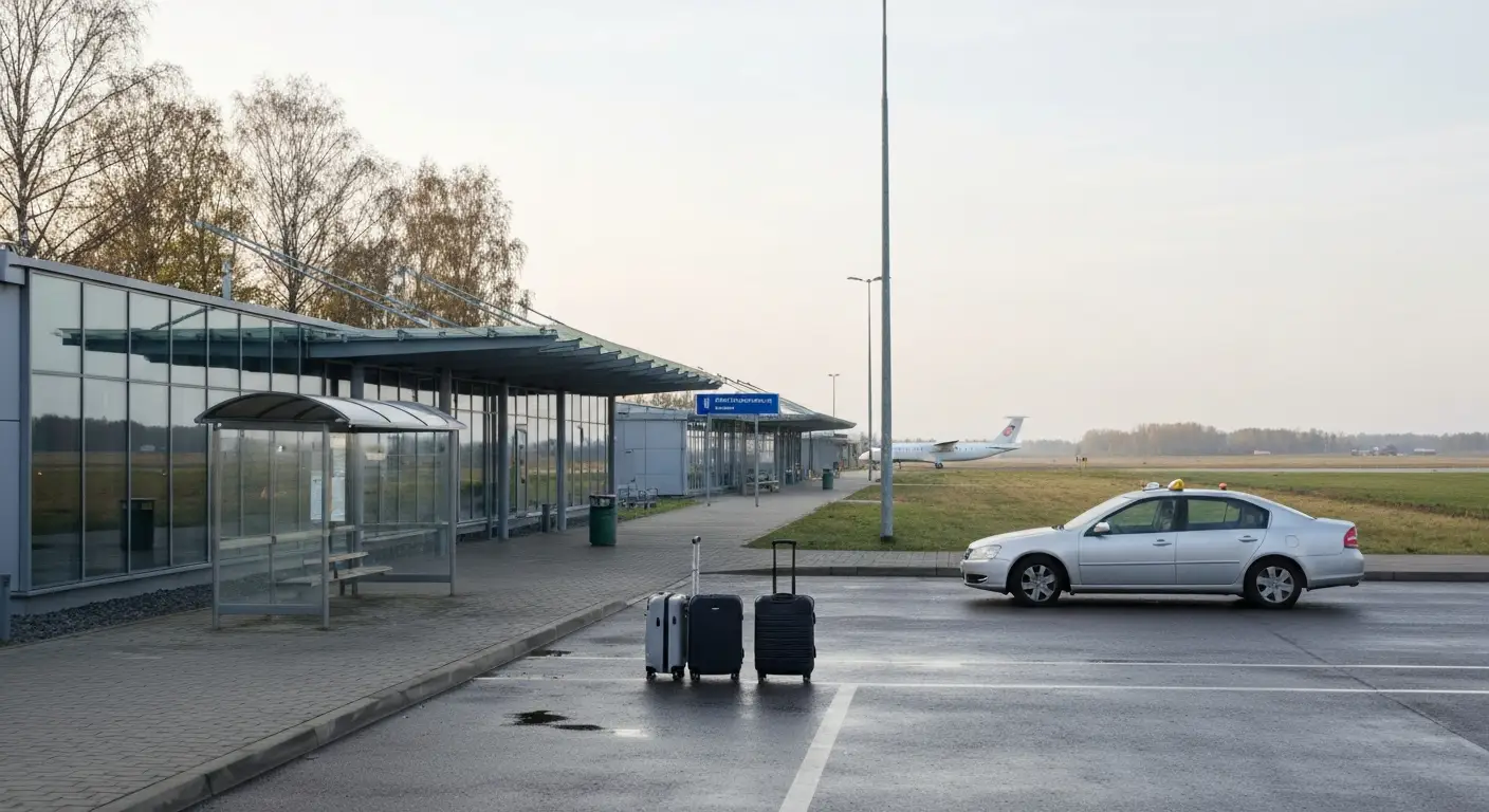 Terminal lotniska Rzeszow-Jasionka od strony podjazdu, przystanek autobusowy, taksowka i walizki o poranku