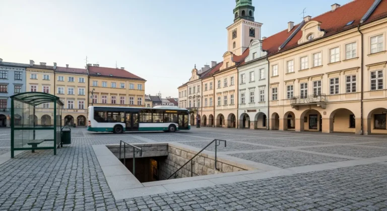 Rzeszowski Rynek z kamienicami i wejsciem do podziemnej trasy, w tle miejski autobus i przystanek