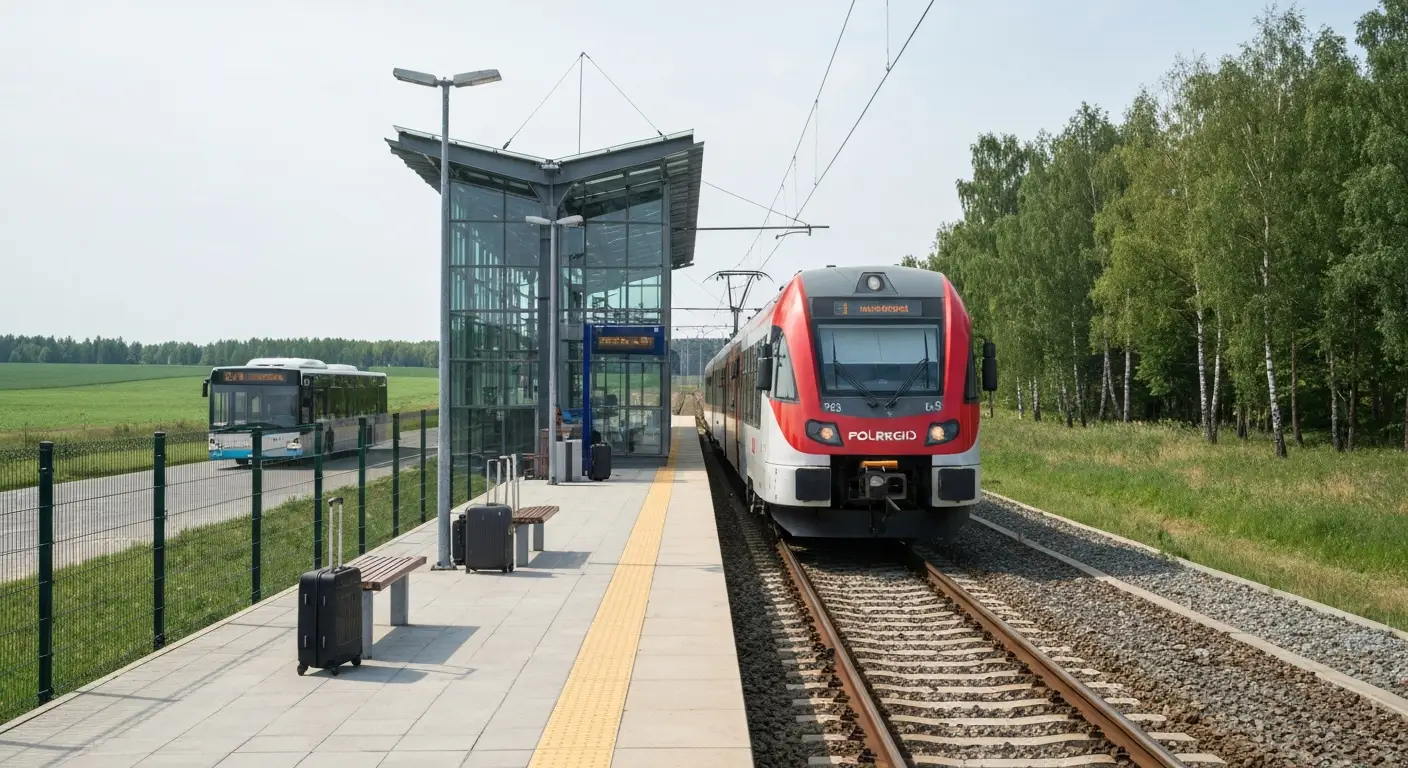 Peron kolejowy przy lotnisku pod Rzeszowem z czerwono-bialym pociagiem regionalnym, walizkami i autobusem w tle