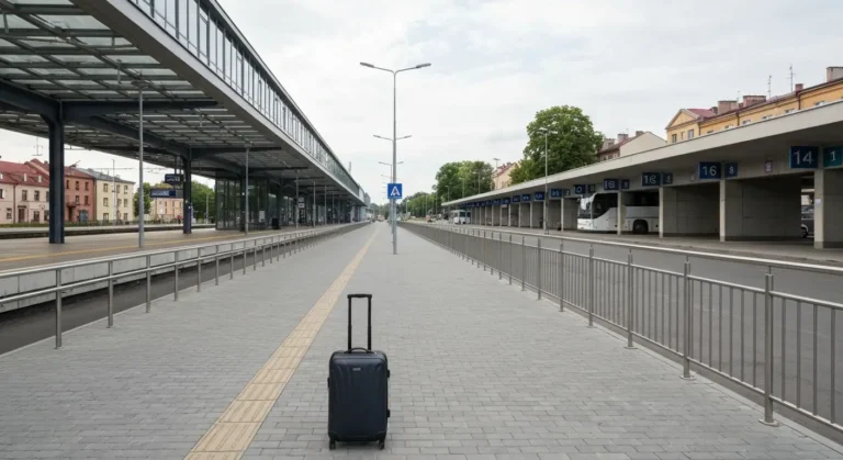 Dworzec kolejowy i terminal autobusowy w Rzeszowie polaczone pieszym przejsciem z walizka na pierwszym planie