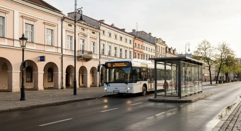 Miejski autobus podjezdzajacy do przystanku przy kamienicach w centrum Rzeszowa