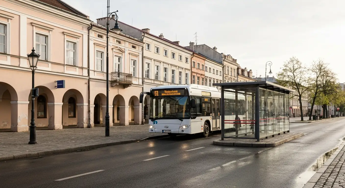 Miejski autobus podjezdzajacy do przystanku przy kamienicach w centrum Rzeszowa
