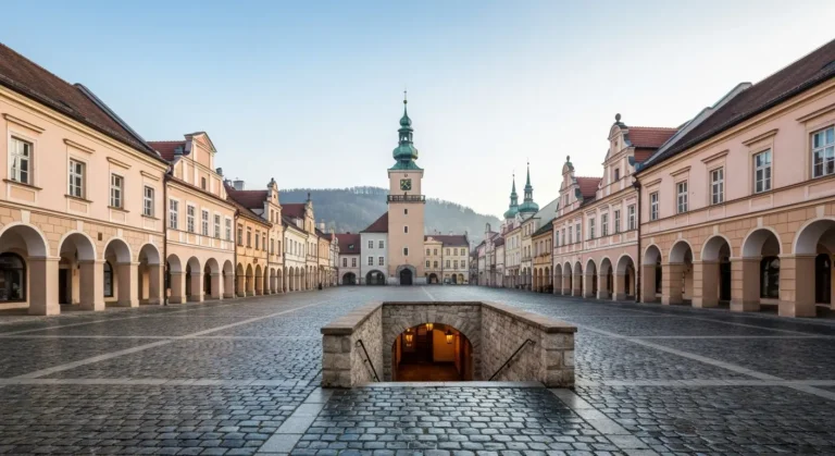 Rynek w Jaroslawiu z podcieniowymi kamienicami, wieza ratusza i wejsciem do podziemnej trasy turystycznej
