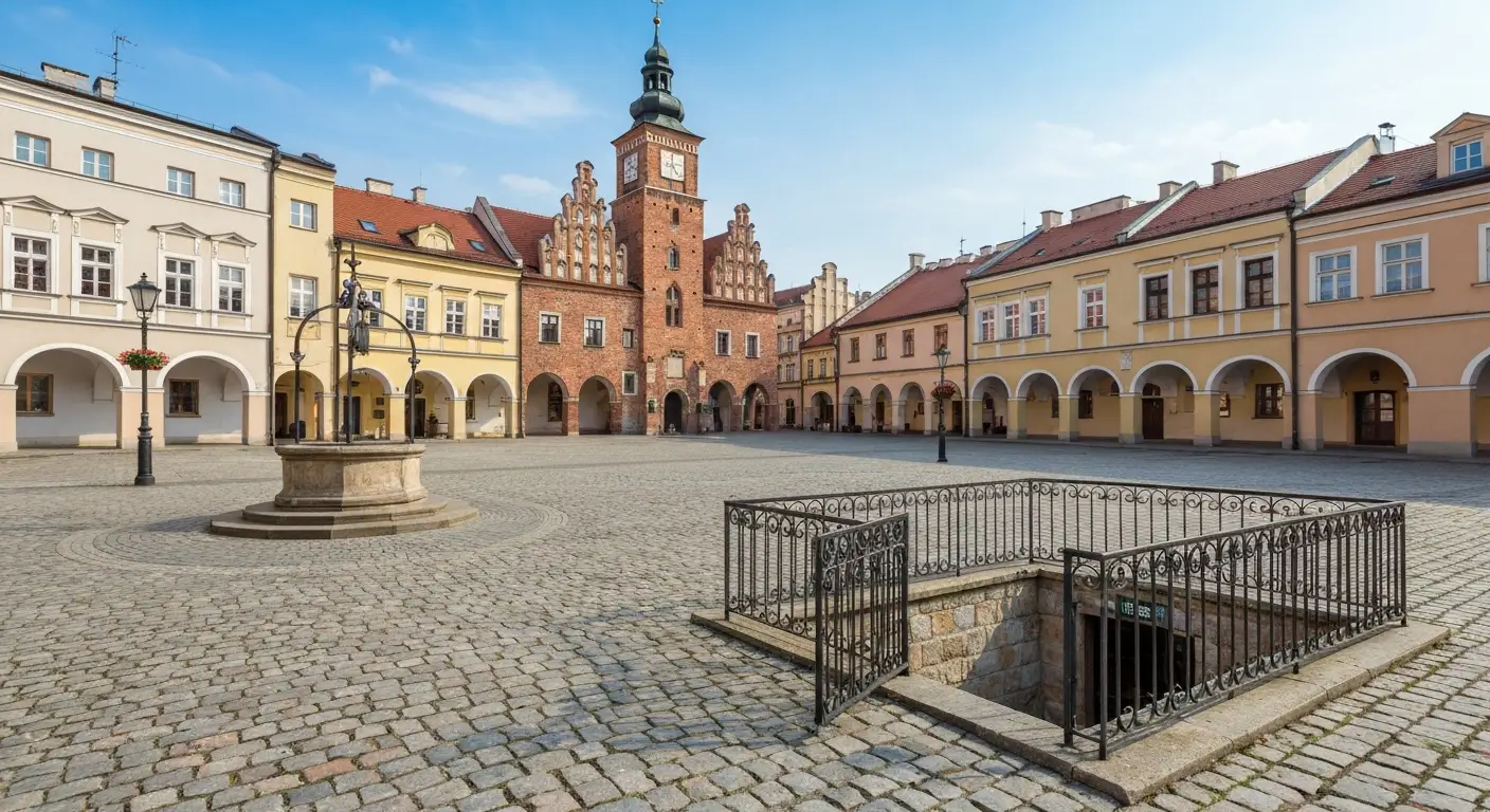 Rynek w Rzeszowie z ratuszem, kamienicami i wejsciem do podziemnej trasy turystycznej w sloneczny dzien