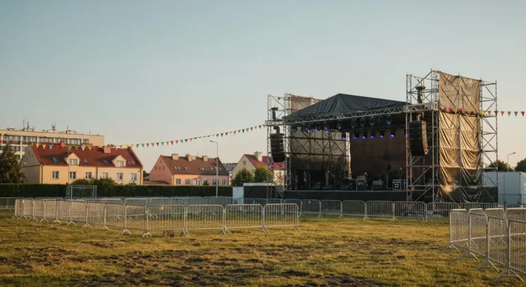 Plenerowa scena koncertowa z naglosnieniem i barierkami na trawiastym terenie w Rzeszowie o zlotej godzinie