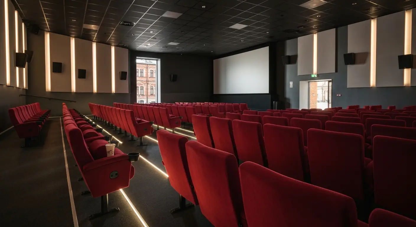 Pusta sala kina w Rzeszowie z czerwonymi fotelami i podnozkiem dla dziecka przy przejsciu