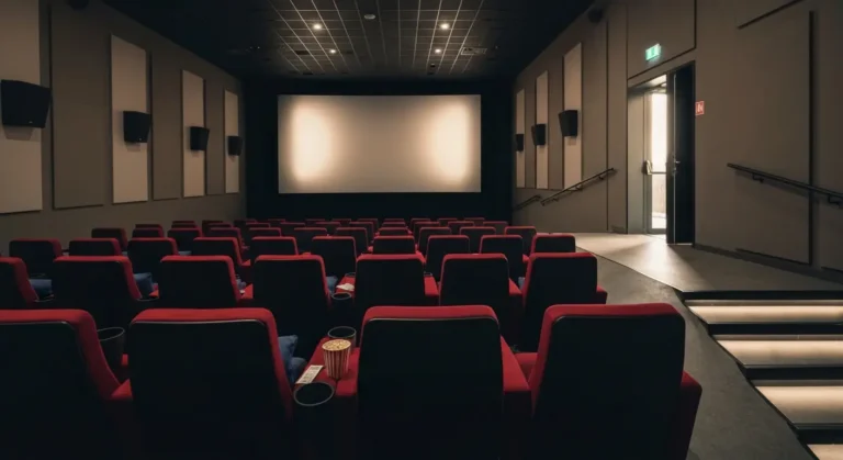 Wnetrze sali kinowej w Rzeszowie przygotowanej na rodzinny seans - rzedy foteli, podkladki dla dzieci i popcorn na podlo