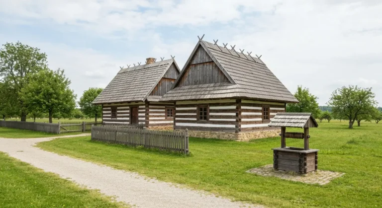 Drewniane chaty kryte strzecha i gontem w skansenie na Podkarpaciu, zwiazane z wycieczka z Rzeszowa do Kolbuszowej