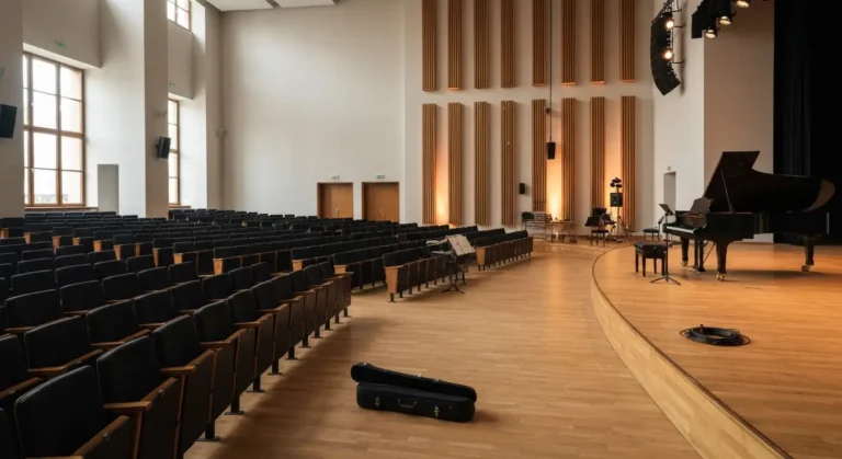 Wnetrze pustej sali koncertowej w Rzeszowie - rzedy foteli i oswietlona scena z fortepianem