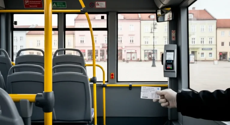 Wnetrze miejskiego autobusu w Rzeszowie z kasownikiem i biletem trzymanym przy czytniku, za oknem rozmyta kamienica