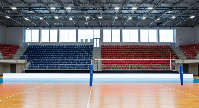 Puste trybuny i parkiet hali sportowej w Rzeszowie przed meczem siatkarskim, siatka i linie boiska