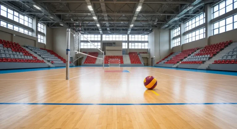 Pusta hala sportowa w Rzeszowie z siatka do siatkowki i pilka na parkiecie przed meczem