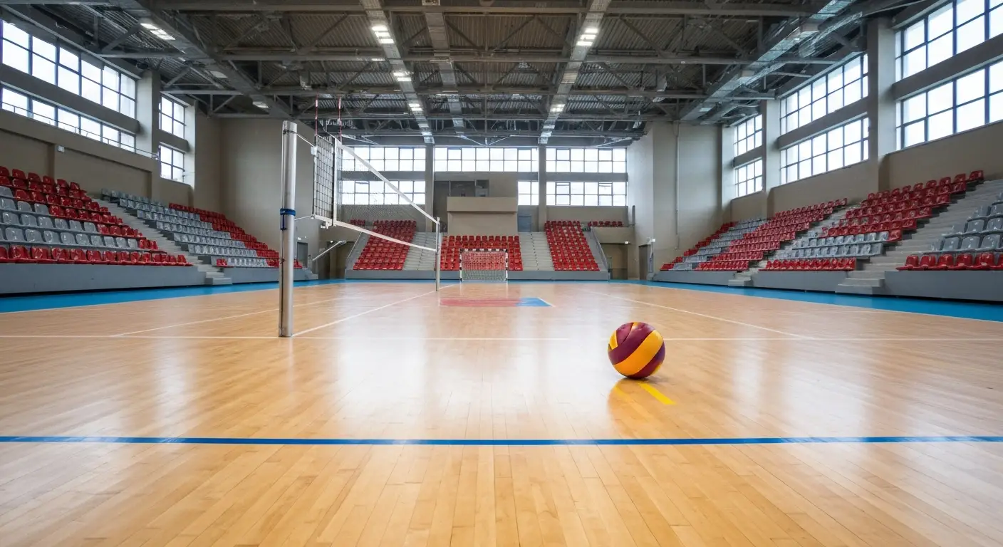 Pusta hala sportowa w Rzeszowie z siatka do siatkowki i pilka na parkiecie przed meczem
