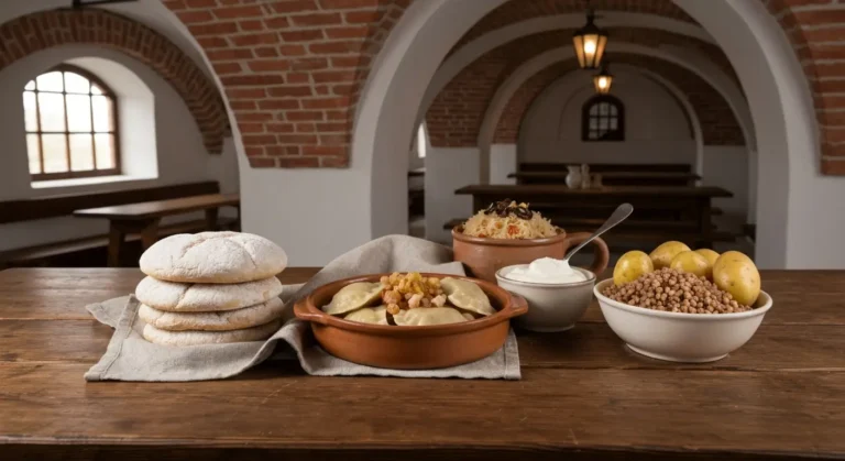 Miska pierogow i stos proziakow na drewnianym stole w ceglanej piwnicy restauracji w Rzeszowie