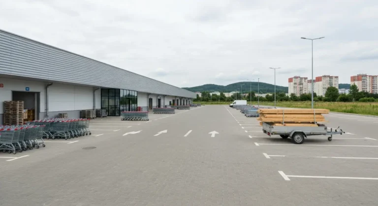 Parking i hala marketu budowlanego na obrzezach Rzeszowa, wozki oraz przyczepka przy strefie zaladunku