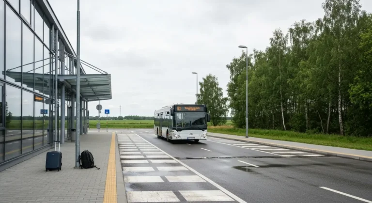 Miejski autobus podjezdzajacy pod terminal lotniska Rzeszow-Jasionka, na peronie walizka i plecak