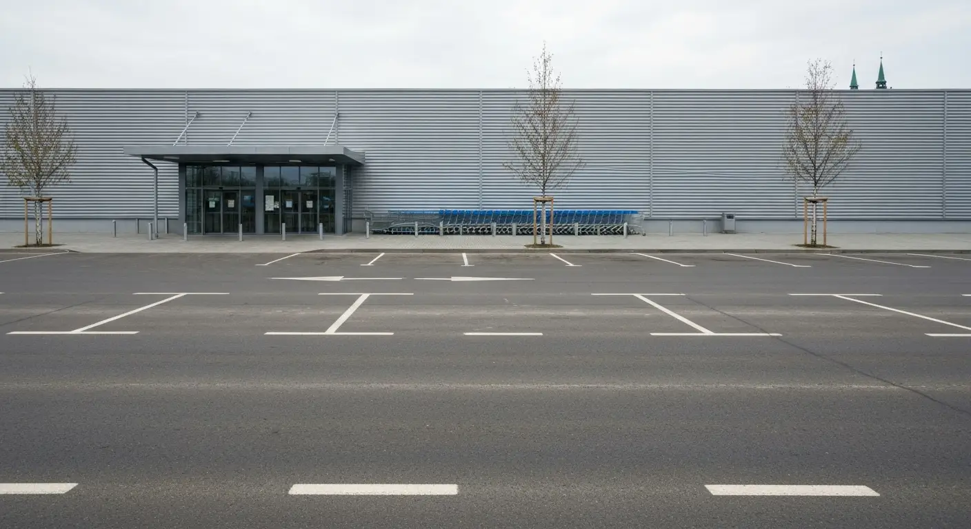 Hala handlu hurtowego przy szerokiej alei w Rzeszowie - wozki sklepowe i parking o poranku