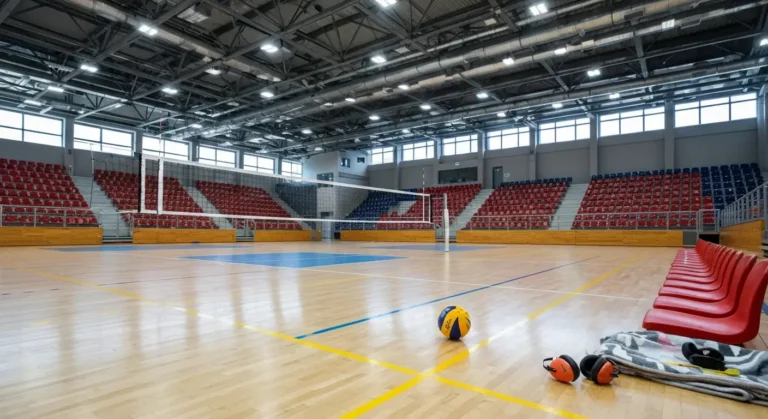 Pusta hala sportowa w Rzeszowie z parkietem do siatkowki, siatka i pilka oraz trybunami