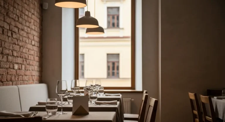 Nakryty stolik w restauracyjnej sali w rzeszowskiej kamienicy, ceglana sciana i okno z widokiem na starowke