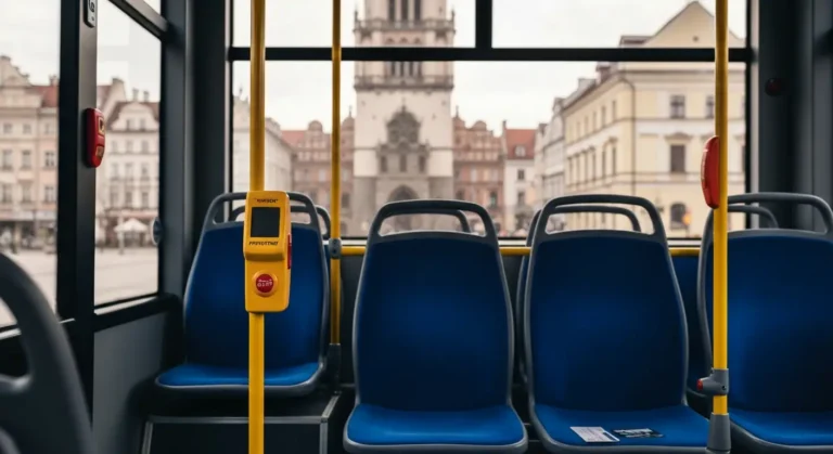 Wnetrze miejskiego autobusu w Rzeszowie z miejscami uprzywilejowanymi, kasownikiem i karta miejska, za oknem kamienice s