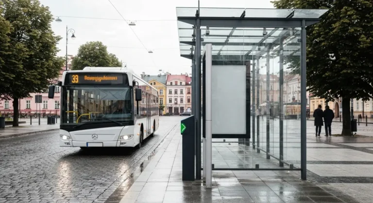 Miejski autobus przy przystanku z wiatą w centrum Rzeszowa, w tle kamienice starego miasta