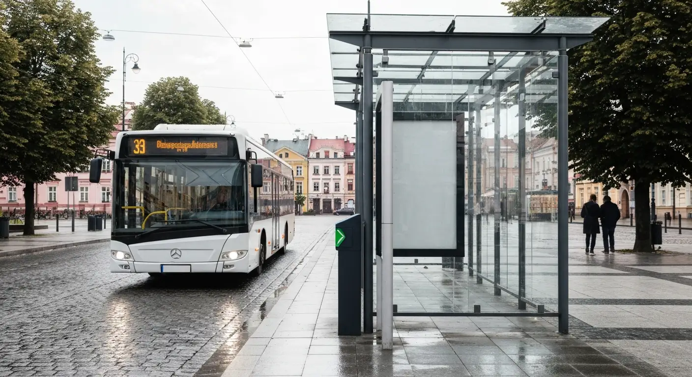 Miejski autobus przy przystanku z wiatą w centrum Rzeszowa, w tle kamienice starego miasta