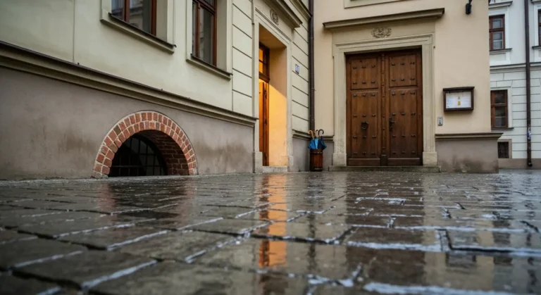 Deszczowy dzien na rzeszowskim Rynku - otwarte drzwi zabytkowej kamienicy muzealnej i mokra kostka brukowa