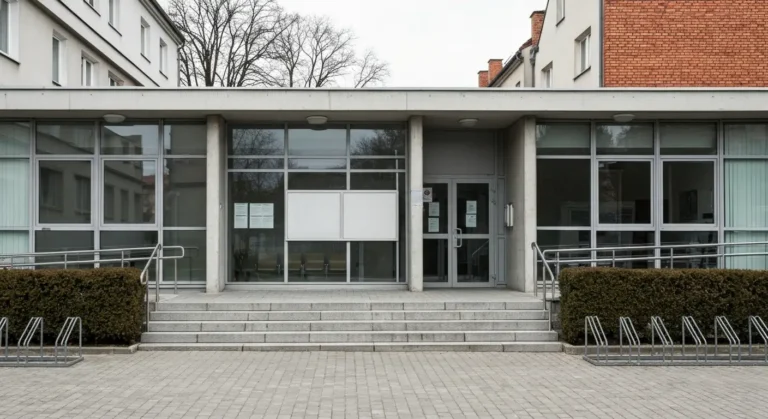 Nowoczesny budynek urzedu publicznego w Rzeszowie z przeszklonym wejsciem i podjazdem dla osob z niepelnosprawnosciami