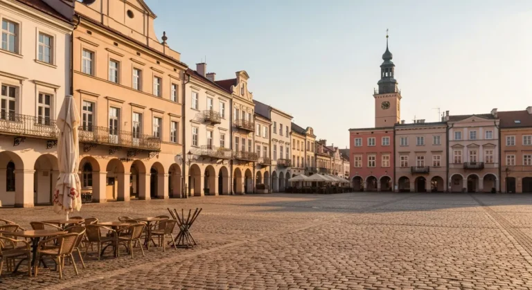 Rynek w Rzeszowie o poranku - kamienice z podcieniami, bruk i stoliki kawiarniane przed wejsciem do lokalu