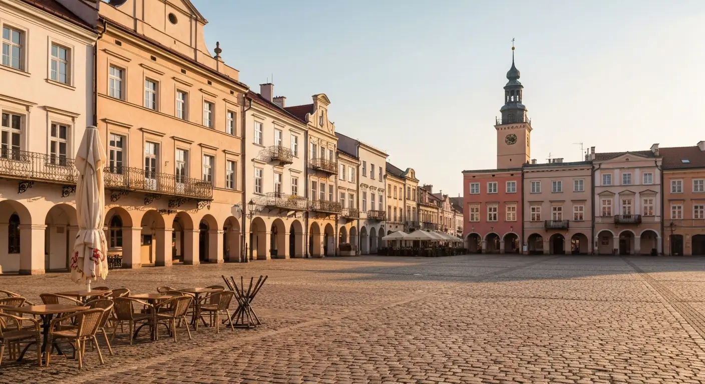 Rynek w Rzeszowie o poranku - kamienice z podcieniami, bruk i stoliki kawiarniane przed wejsciem do lokalu