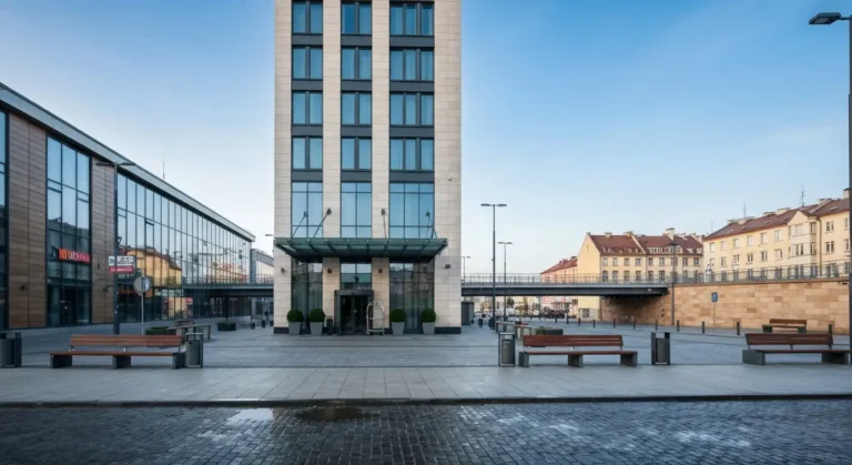 Nowoczesny hotel w centrum Rzeszowa przy deptaku, w tle kamienice i budynek galerii handlowej