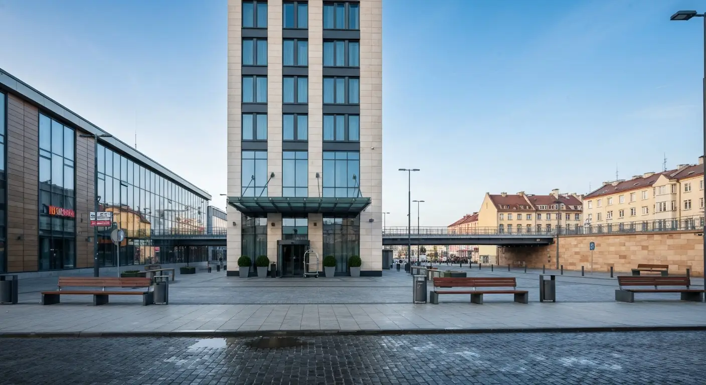 Nowoczesny hotel w centrum Rzeszowa przy deptaku, w tle kamienice i budynek galerii handlowej
