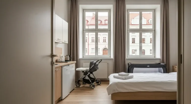 Rodzinny apartament w Rzeszowie z lozeczkiem turystycznym, aneksem kuchennym i widokiem na kamienice starowki