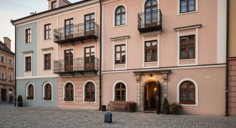 Kamienica z wejsciem do pensjonatu przy rzeszowskiej starowce i walizka na bruku o zlotej godzinie