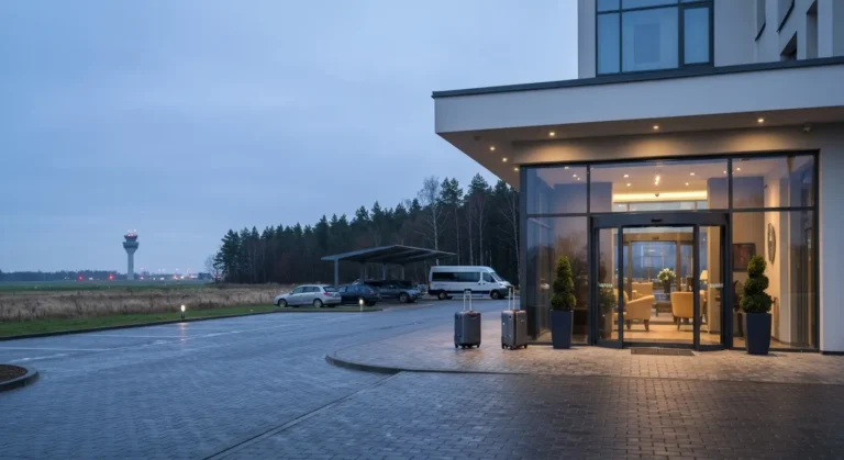 Swit przy hotelu niedaleko lotniska Rzeszow-Jasionka - walizka przed oswietlonym wejsciem, bus transferowy i parking