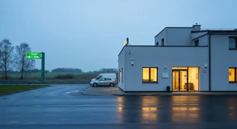 Przydrozny hotel na obrzezach Rzeszowa o swicie, oswietlone wejscie z recepcja i parking przy zjezdzie z trasy