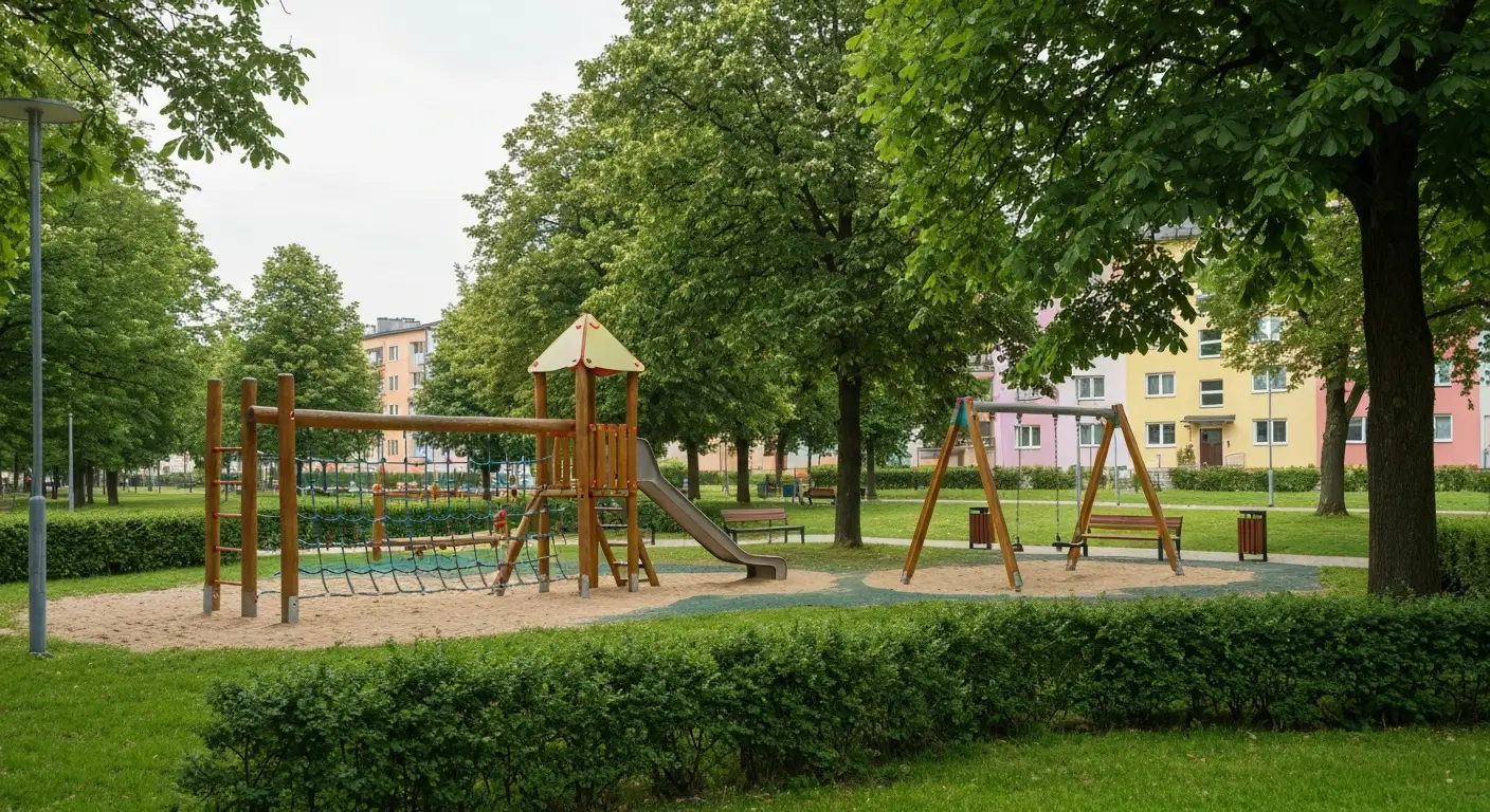 Plac zabaw w parku w Rzeszowie - drewniane urzadzenia, bezpieczna nawierzchnia i drzewa dajace cien