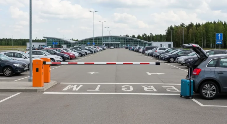 Parking przy terminalu lotniska Rzeszow-Jasionka - rzedy zaparkowanych aut, szlaban i szklany budynek terminala