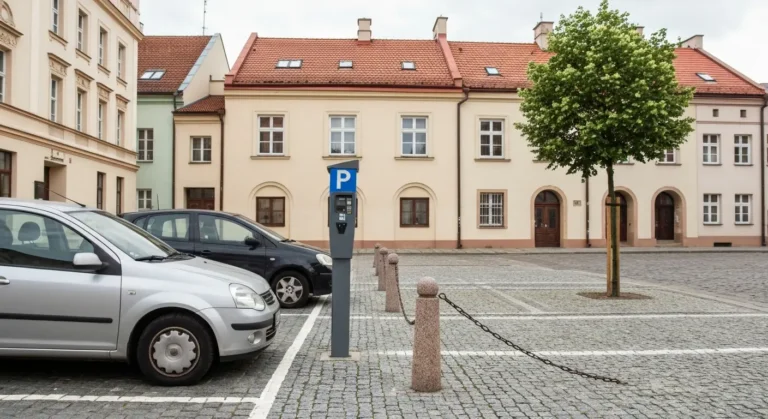 Zaparkowane samochody w platnej strefie na brukowanej uliczce przy rzeszowskim Rynku, obok parkomat i kamienice