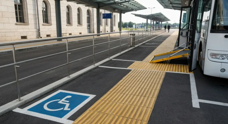 Niskopodlogowy autobus z rozlozona rampa przy peronie dworca autobusowego w Rzeszowie, obok zolte plyty prowadzace dla o