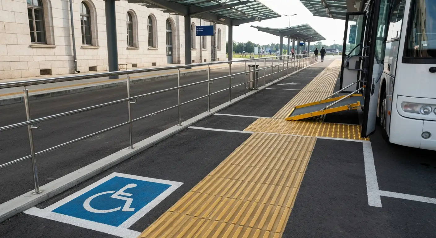 Niskopodlogowy autobus z rozlozona rampa przy peronie dworca autobusowego w Rzeszowie, obok zolte plyty prowadzace dla o